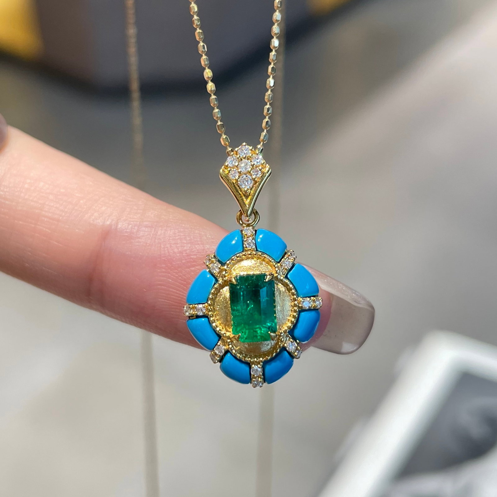 14k Gold 0.59 Ct Vivid Green Natural Emerald & Diamond & Blue Turquoise Pendant( Without Chain ) - 3