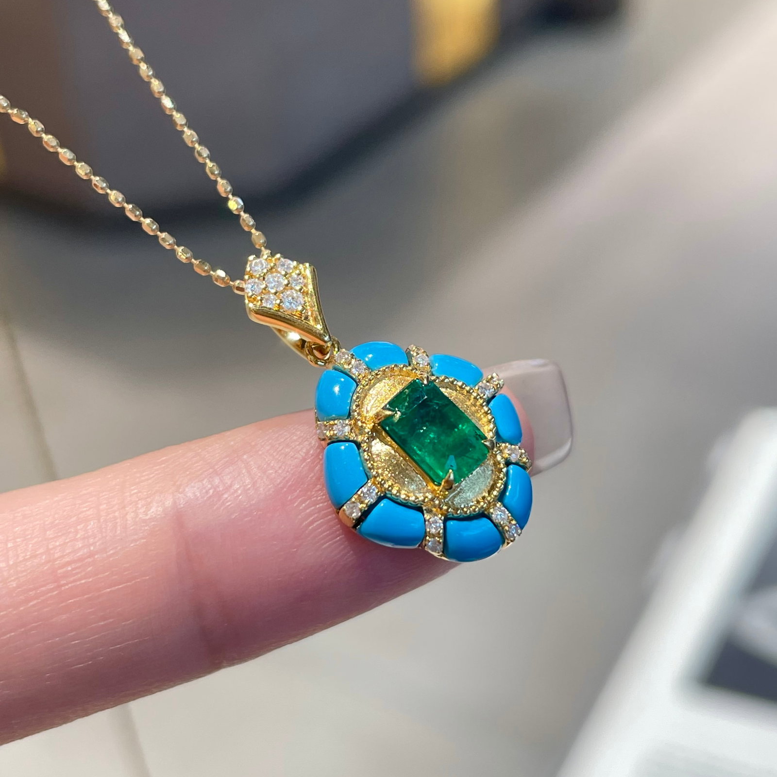 14k Gold 0.59 Ct Vivid Green Natural Emerald & Diamond & Blue Turquoise Pendant( Without Chain ) - 4