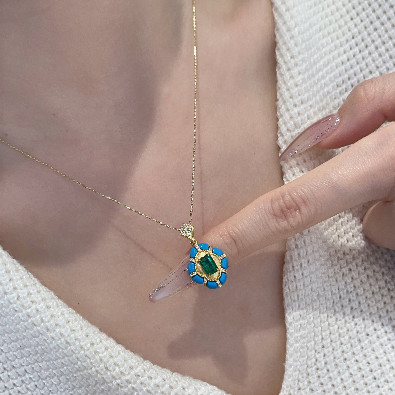 14k Gold 0.59 Ct Vivid Green Natural Emerald & Diamond & Blue Turquoise Pendant( Without Chain ) - 5