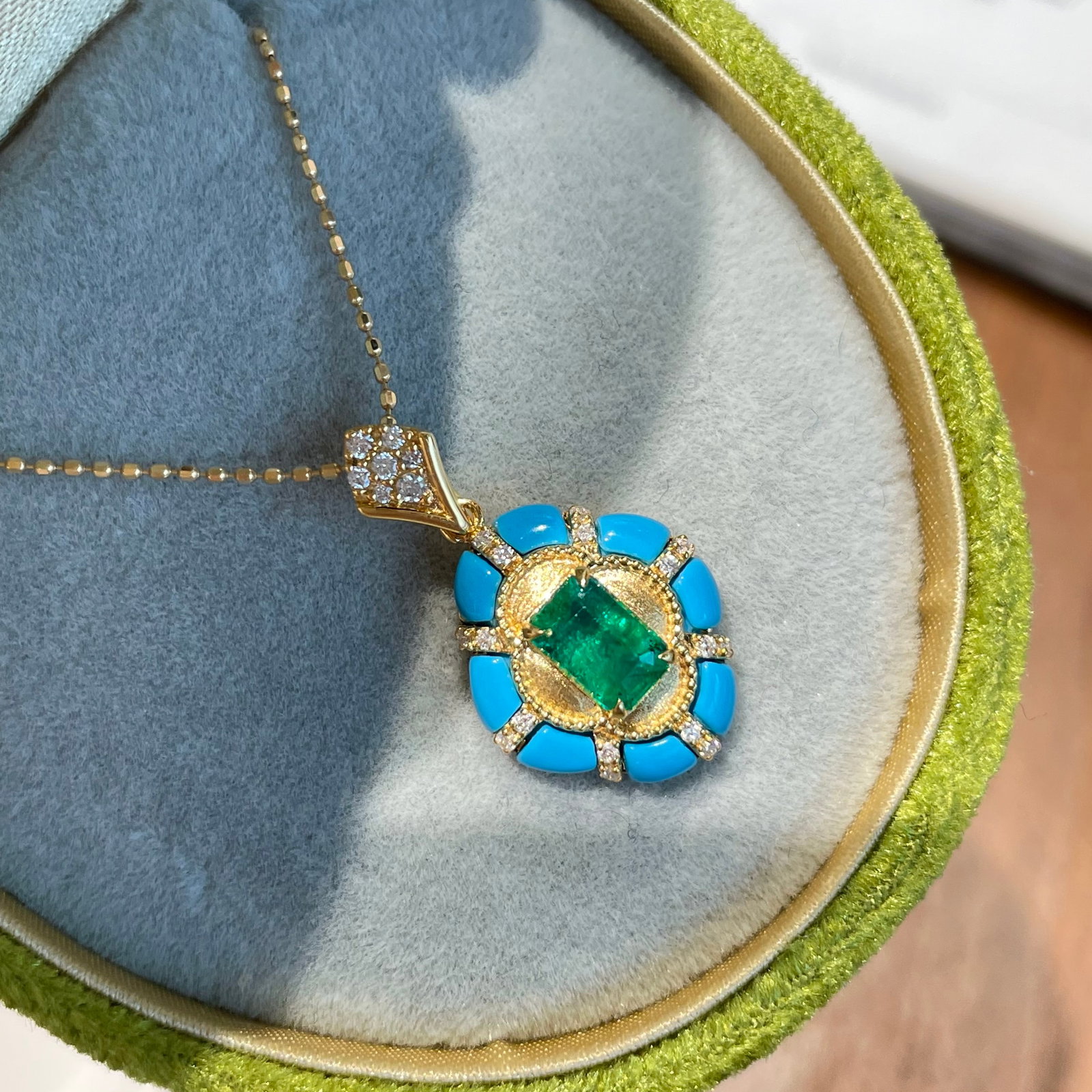 14k Gold 0.59 Ct Vivid Green Natural Emerald & Diamond & Blue Turquoise Pendant( Without Chain ) - 6