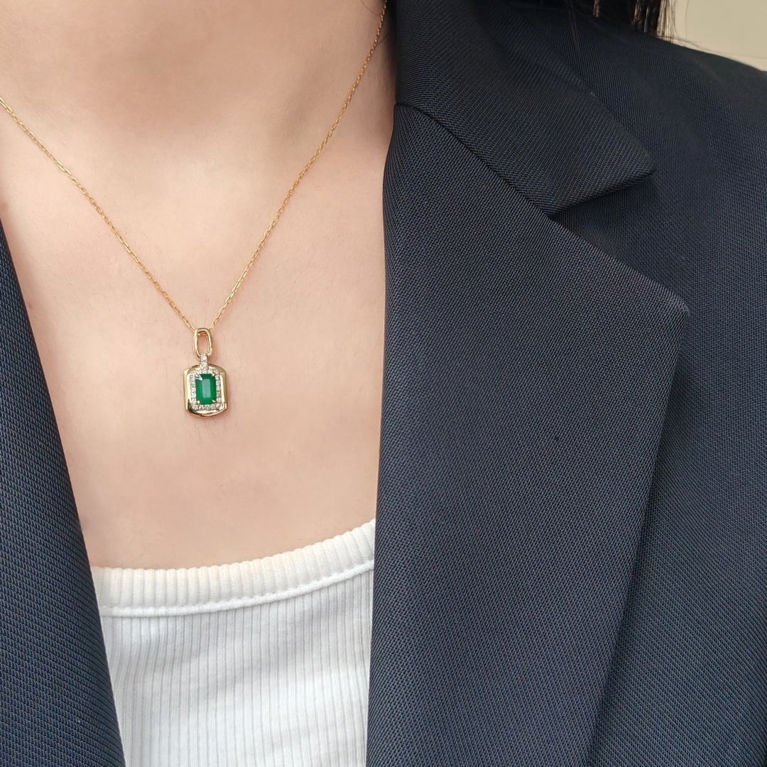 14k Gold 0.5 Ct Vivid Green Natural Emerald & Diamond Pendant( Without Chain ) - 6