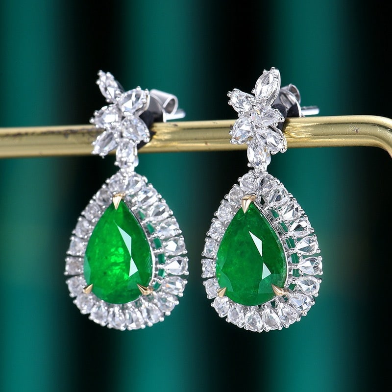 14k Gold 3.82 Ctw Vivid Green Natural Emerald & Diamond Earrings - 2