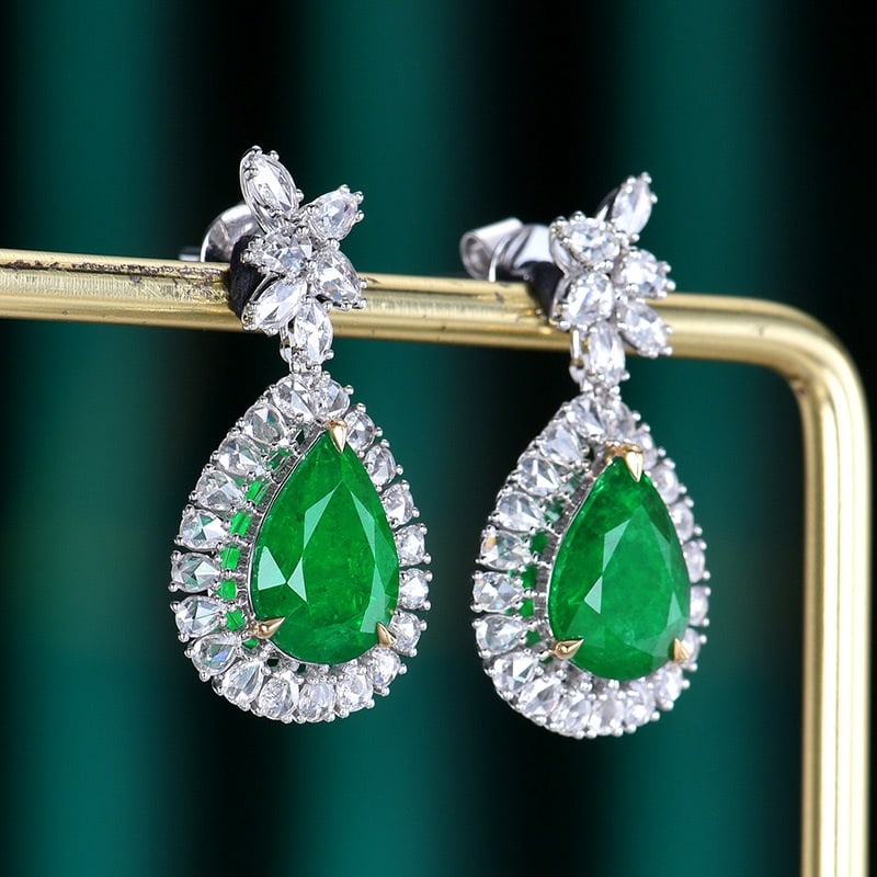 14k Gold 3.82 Ctw Vivid Green Natural Emerald & Diamond Earrings - 3