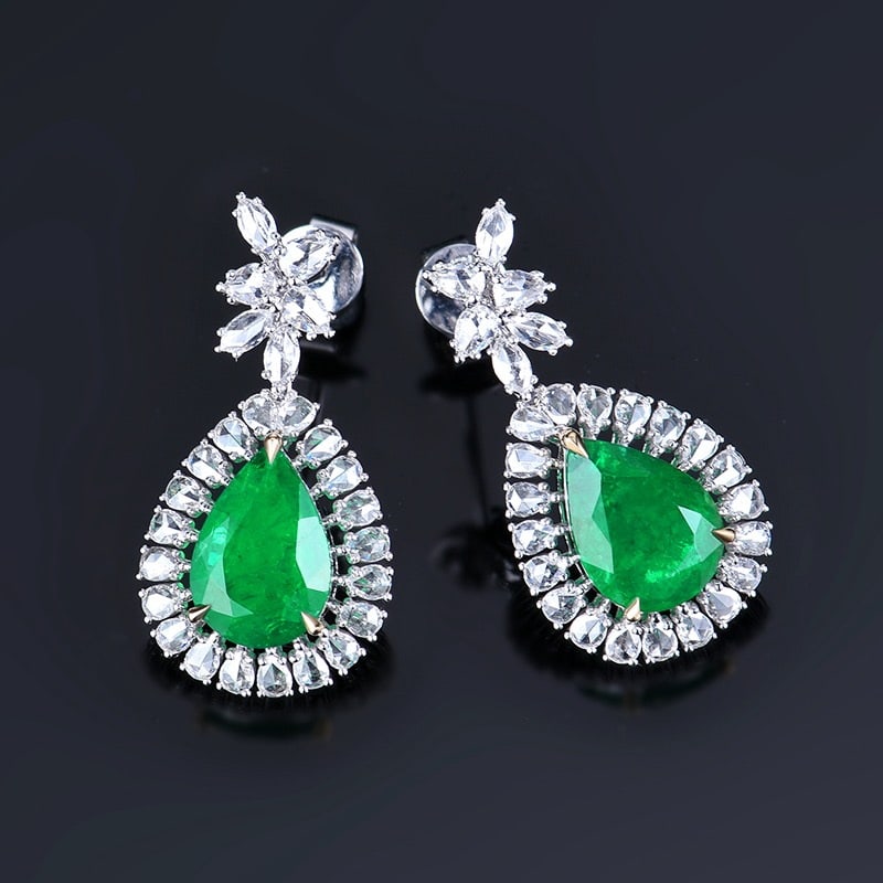 14k Gold 3.82 Ctw Vivid Green Natural Emerald & Diamond Earrings - 4