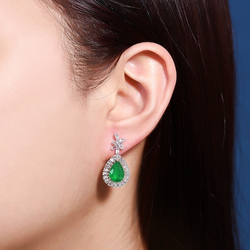 14k Gold 3.82 Ctw Vivid Green Natural Emerald & Diamond Earrings - 6
