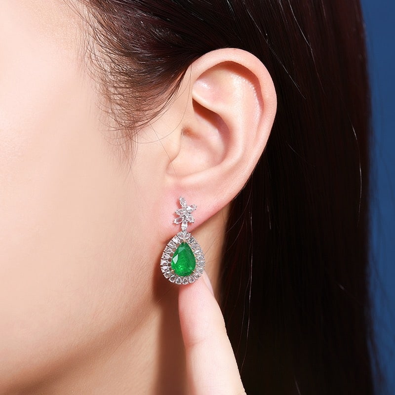 14k Gold 3.82 Ctw Vivid Green Natural Emerald & Diamond Earrings - 7