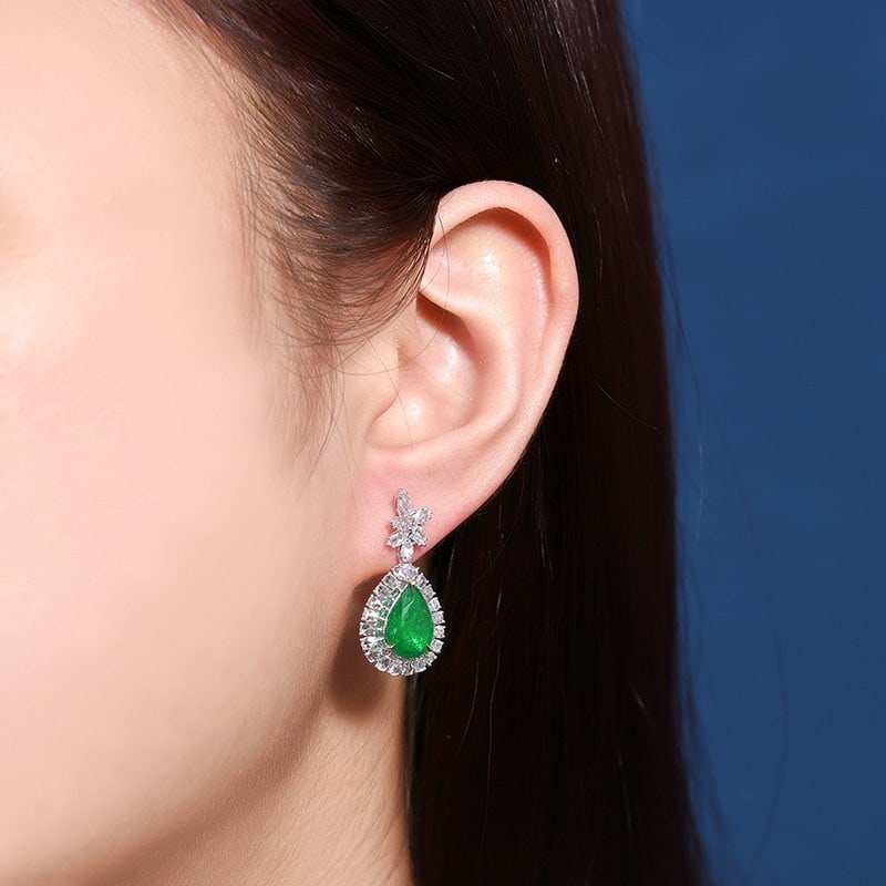 14k Gold 3.82 Ctw Vivid Green Natural Emerald & Diamond Earrings - 8