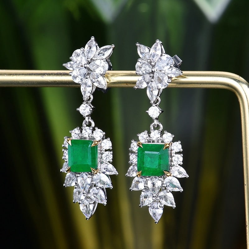 14k Gold 1.77 Ct Vivid Green Natural Emerald & Sapphire Earrings - 2