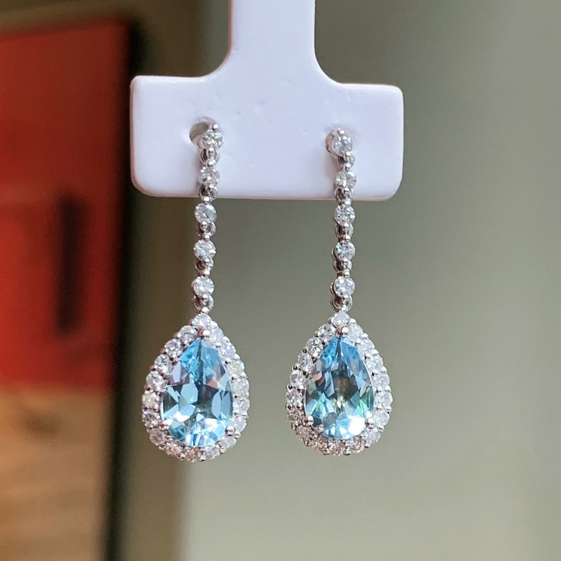 14k Gold 2.08 Ct Natural Aquamarine & Diamond Earrings - 5