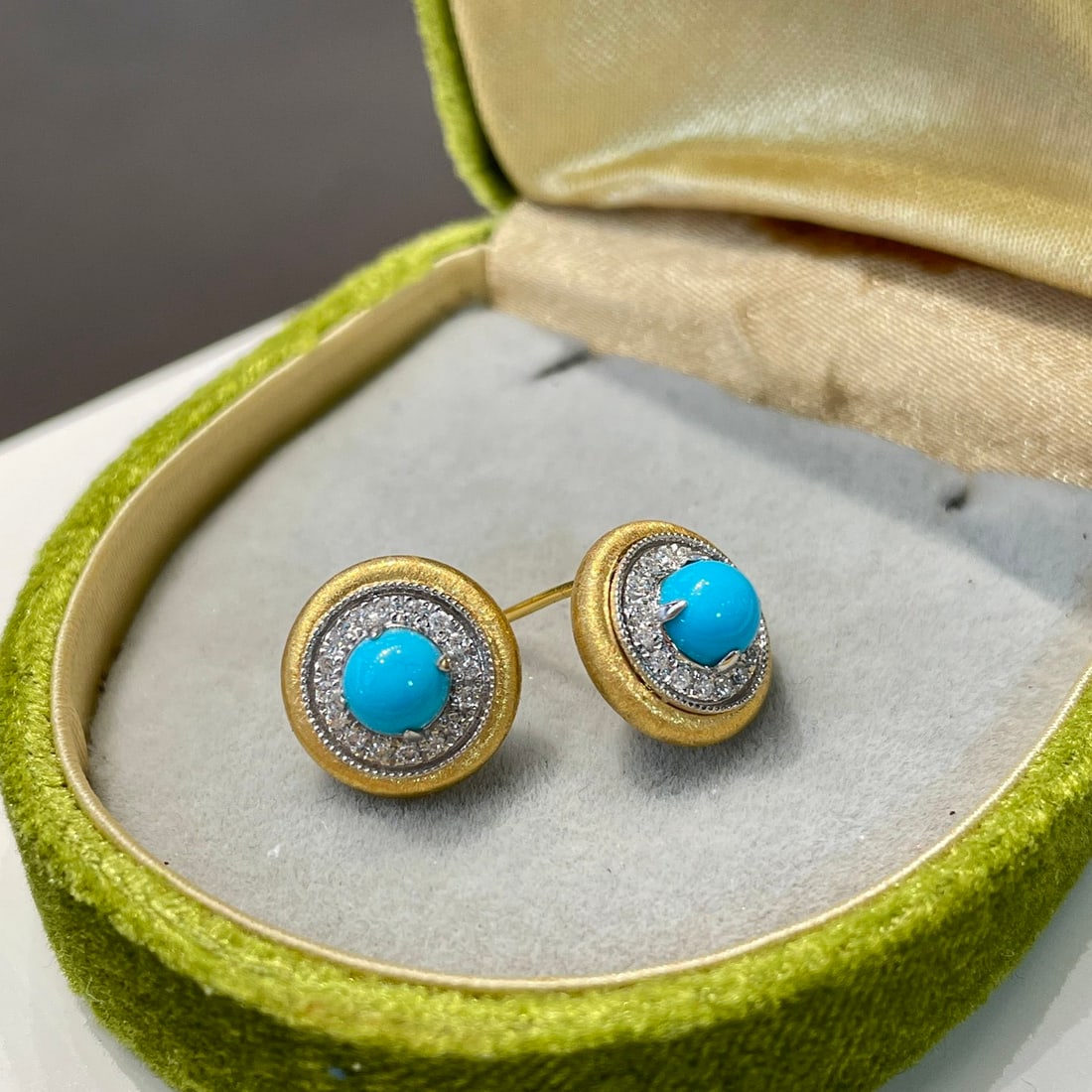 14k Gold 1.18 Ct Natural Blue Turquoise & Diamond Earrings - 2