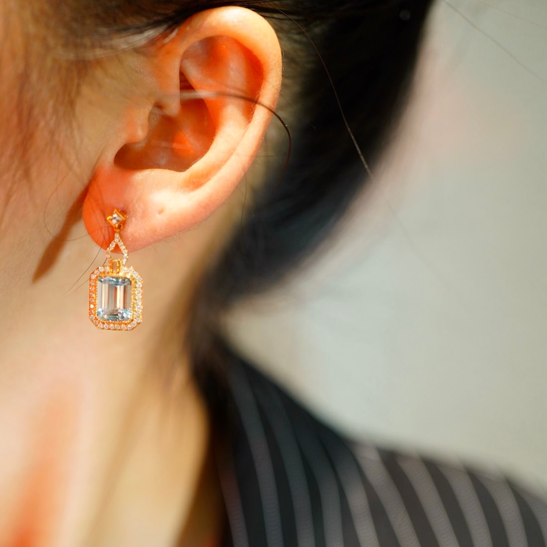 14k Gold 5 Ct Natural Aquamarine & Diamond Earrings - 6