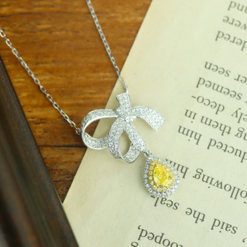 14k Gold 0.69 Ctw Natural Yellow Diamond & Diamond Necklace - 2