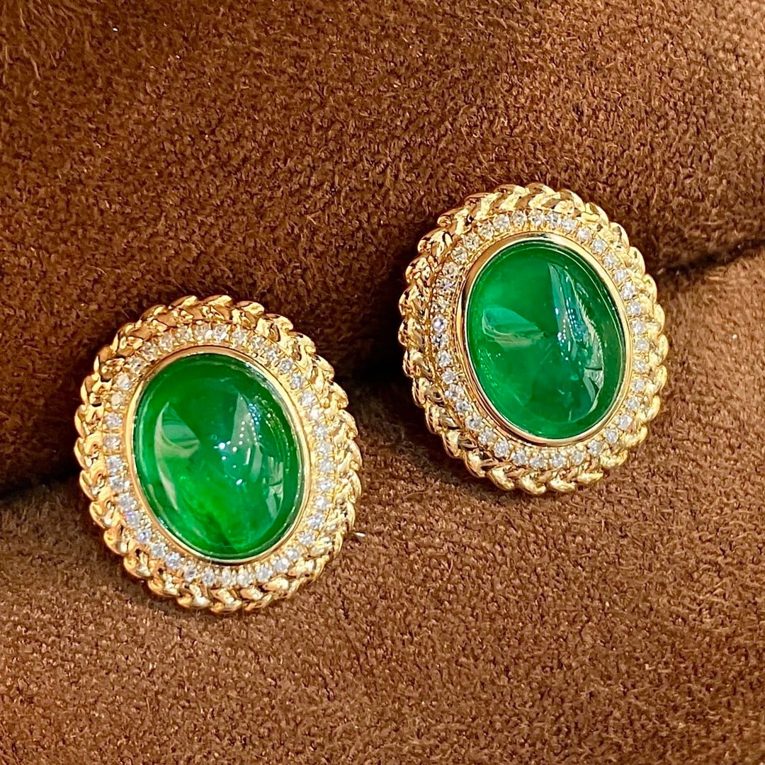 14k Gold 4.27 Ctw Vivid Green Natural Emerald & Diamond Earrings - 2
