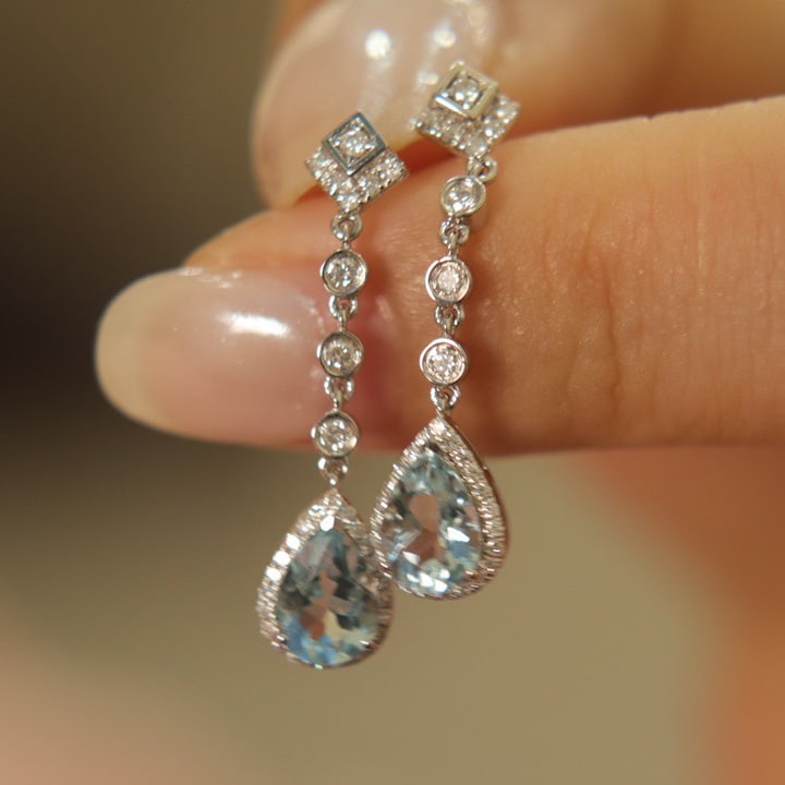 14k Gold 1.48 Ct Natural Aquamarine & Diamond Earrings - 2
