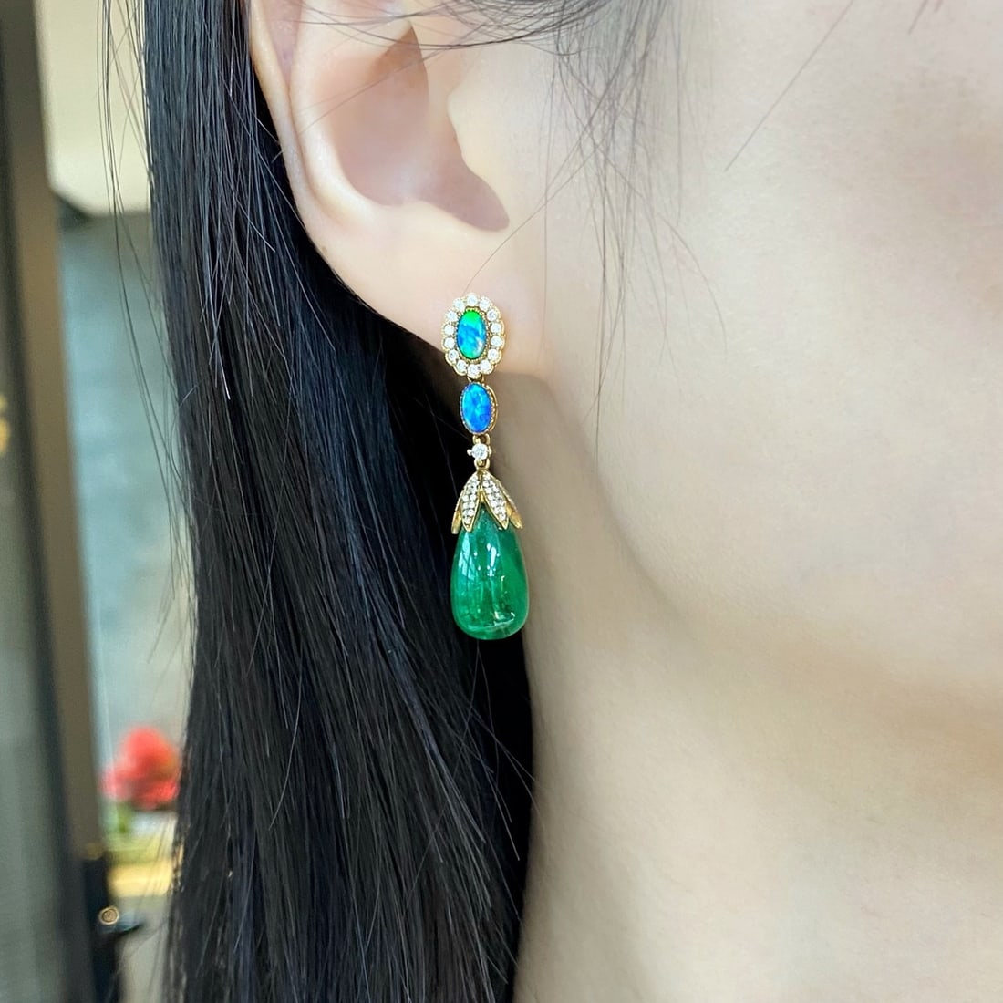 14k Gold 17.56 Ctw Natural Emerald & Opal & Diamond Earrings - 2