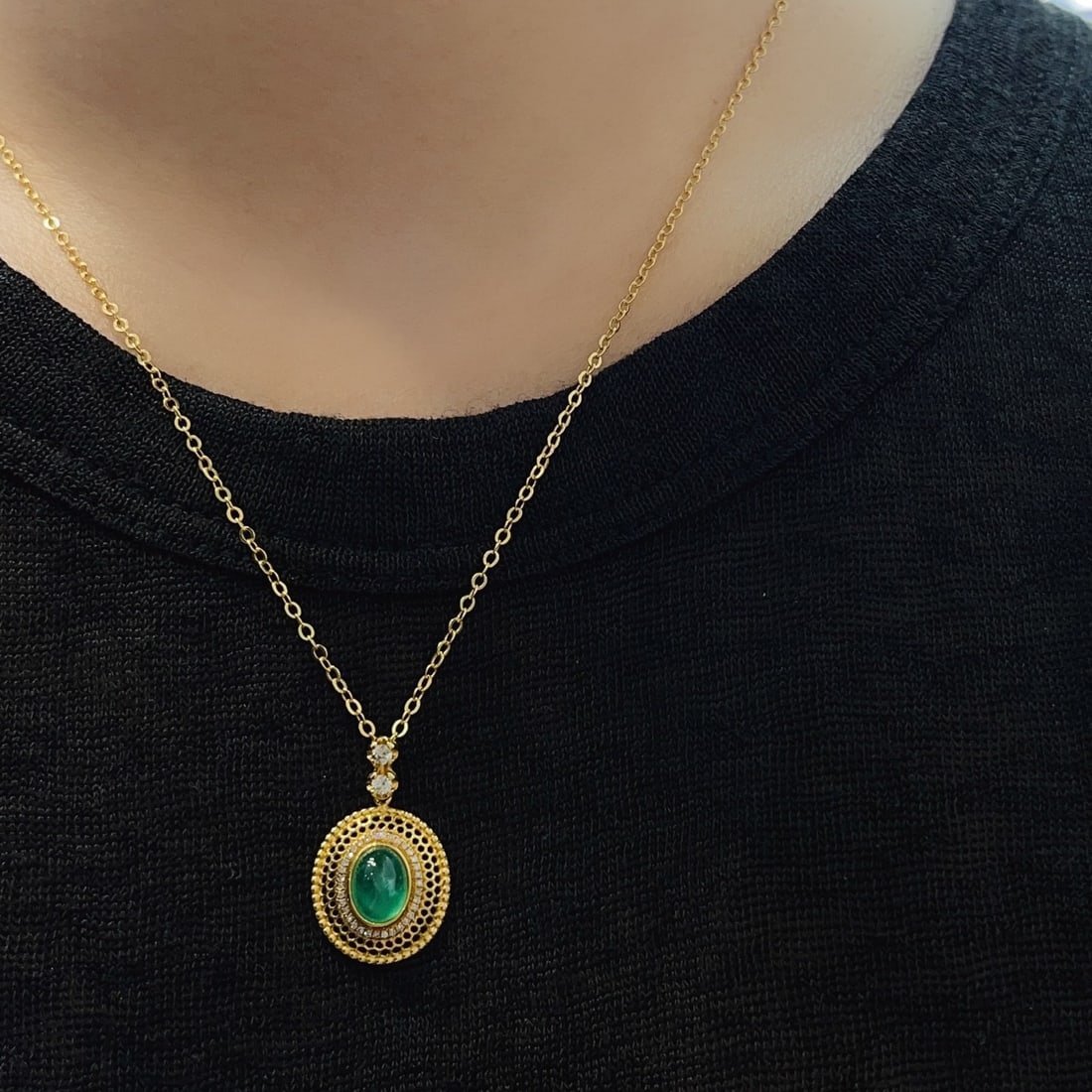 14k Gold 1.30 Ct Vivid Green Natural Emerald & Diamond & Sapphire Pendant( Without Chain ) - 2