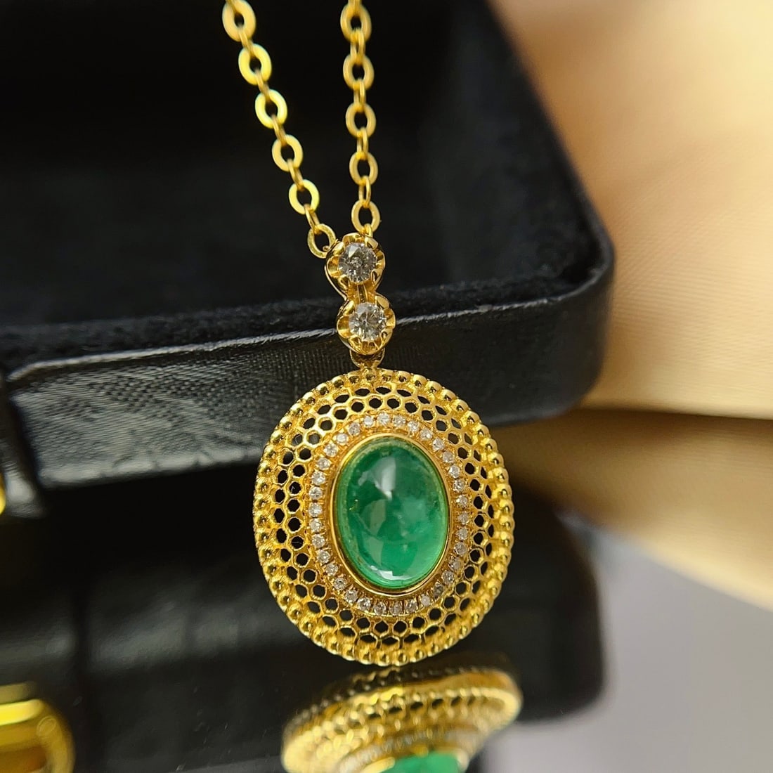 14k Gold 1.30 Ct Vivid Green Natural Emerald & Diamond & Sapphire Pendant( Without Chain ) - 4