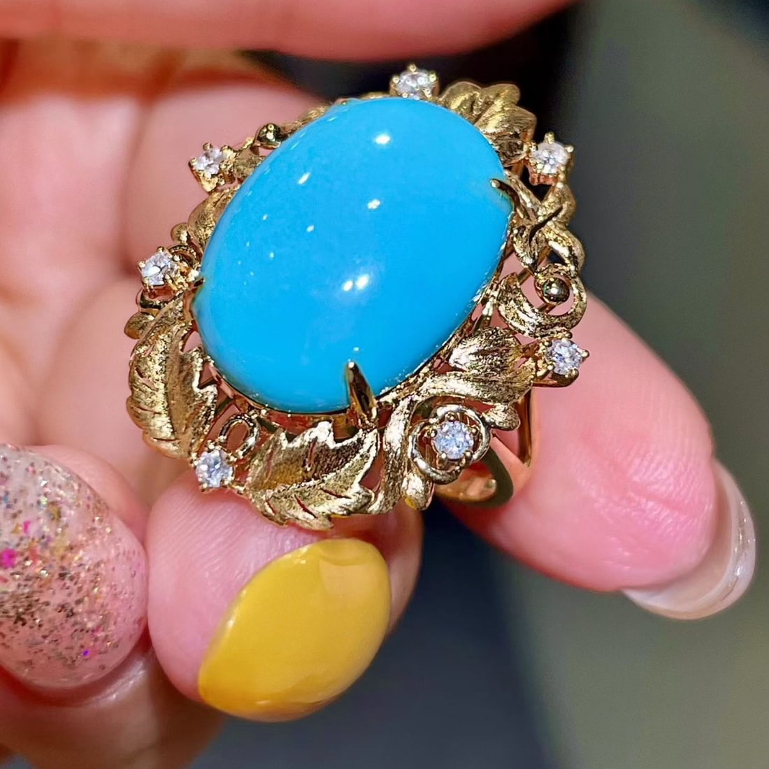 14k Gold 9.36 Ctw Natural Blue Turquoise & Diamond Ring - 3
