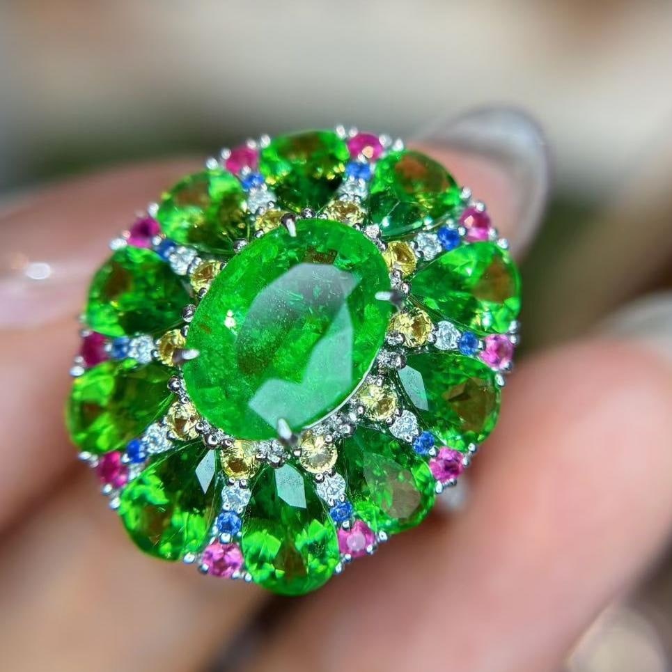 14k Gold 3 Ct Natural Tsavorite & Diamond & Sapphire Ring: Ref:231103011 // gold content:14k gold // ring size:7. 25us // // main gemstone:tsavorite // shape:multiple // carat weight:3ct // color:green // treatment:natural // // adjacent gemstone 2 : diamond