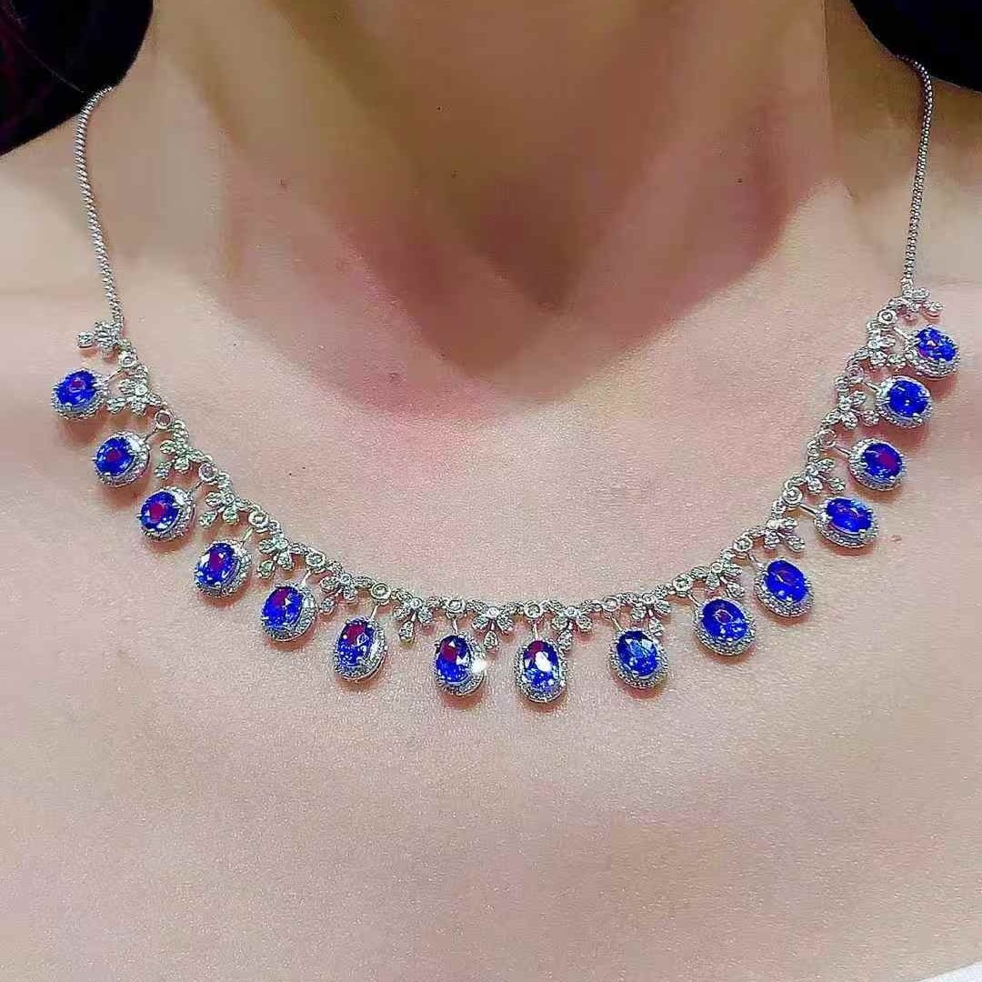 14k Gold 9.3 Ct Vivid Blue Natural Sapphire & Diamond & Sapphire Necklace - 5