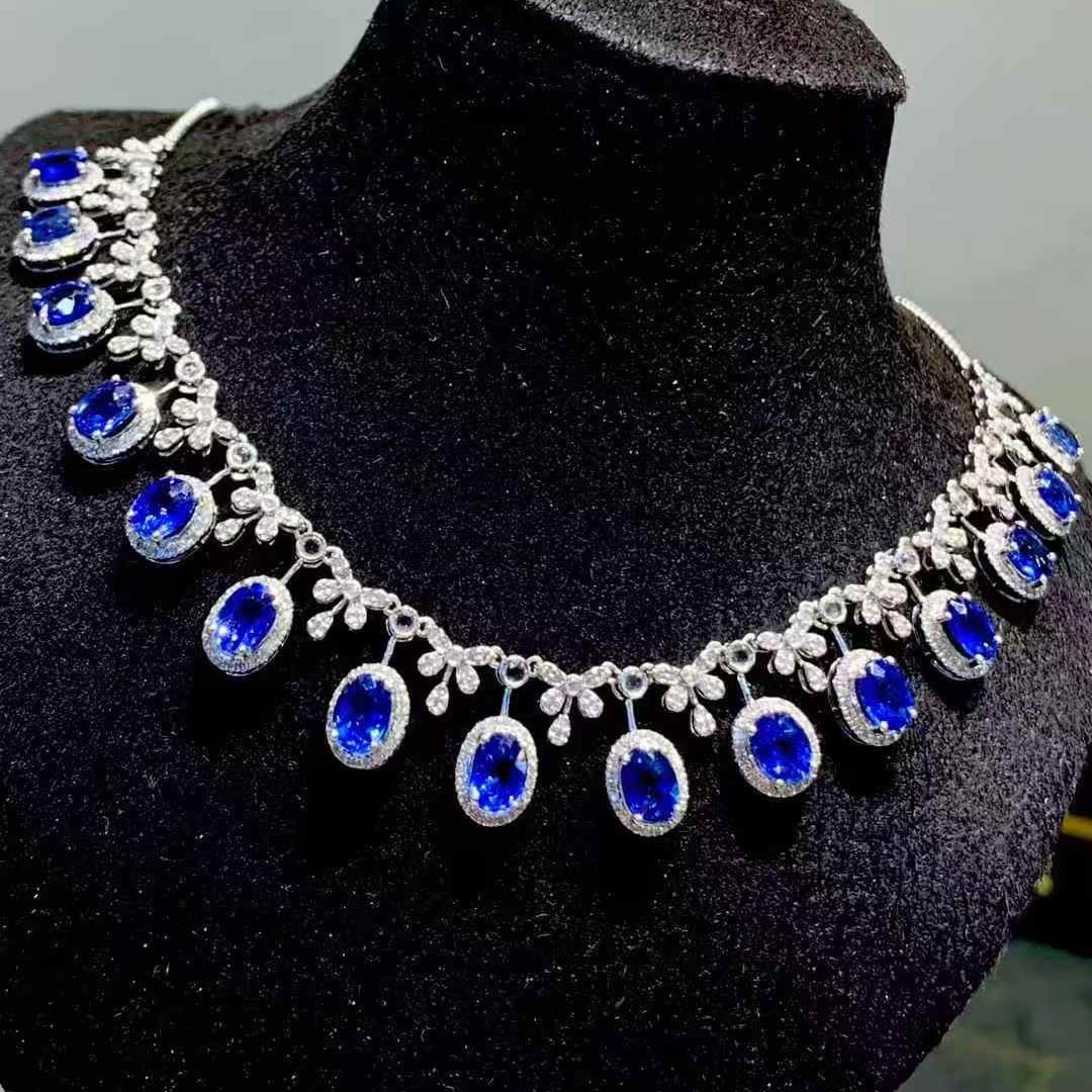 14k Gold 9.3 Ct Vivid Blue Natural Sapphire & Diamond & Sapphire Necklace - 6