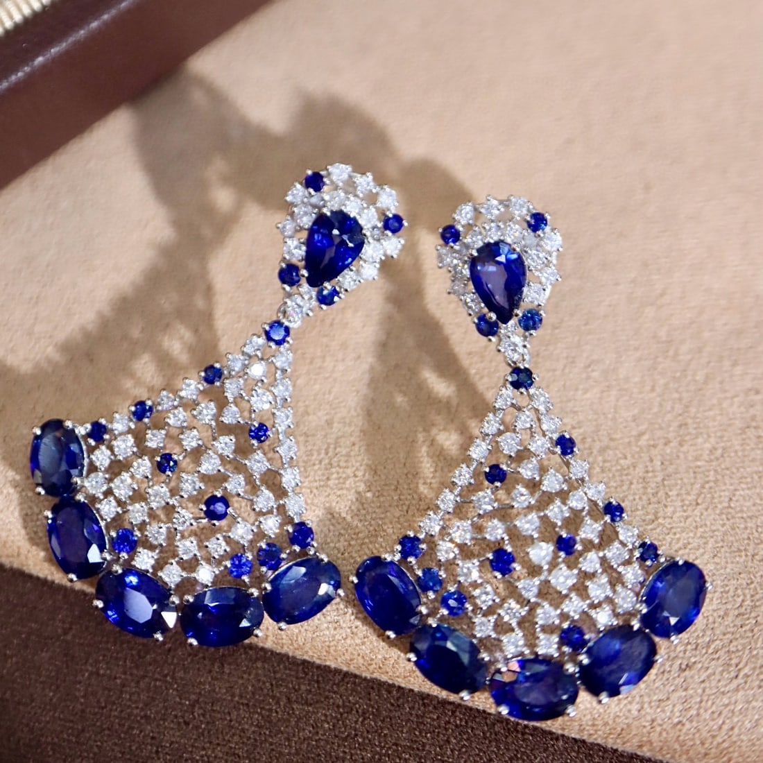 14k Gold 9.11 Ctw Natural Sapphire & Diamond Earrings: Ref:231103024 // gold content:14k gold // main gemstone:sapphire // shape:multiple // carat weight:7. 12ct // color:blue // treatment:natural // // adjacent gemstone 2 : diamond // shape:round // cara