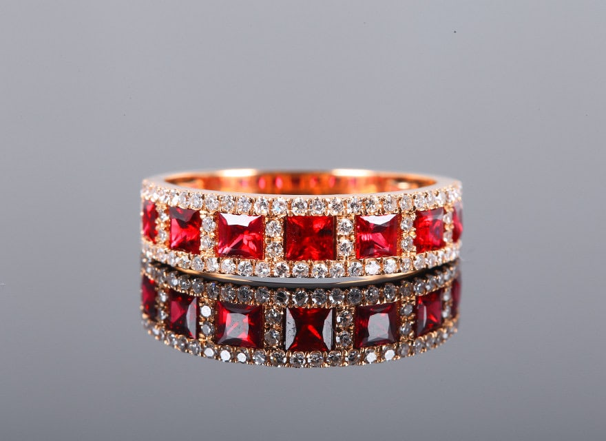 14k Gold 1.46 Ctw Natural Ruby & Diamond Ring: Ref:231103067 // gold content:14k gold // ring size:7. 25us // // main gemstone:ruby // shape:princess // carat weight:1. 1ct // color:red // treatment:natural // // adjacent gemstone 2 : diamond //