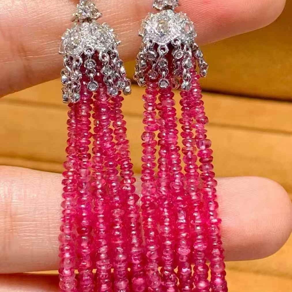 14k Gold 36.5 Ct Natural Spinel & Diamond Earrings: Ref:231103086 // gold content:14k gold // main gemstone:spinel // shape:bead // carat weight:36. 5ct // color:red // treatment:natural // // adjacent gemstone 2 : diamond // shape:round // clarity