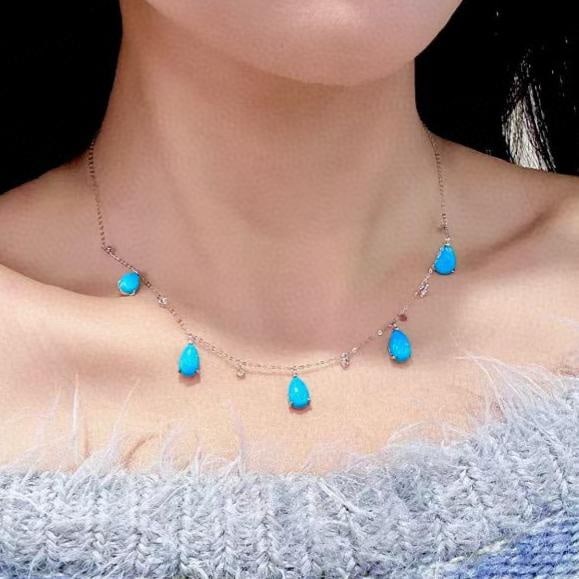 14k Gold 6.48 Ctw Natural Blue Turquoise & Diamond Necklace - 3