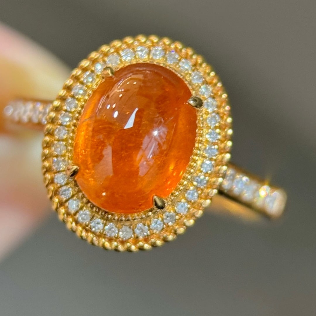 14k Gold 3.22 Ctw Natural Spessartine & Diamond Ring: Ref:231103091 // gold content:14k gold // ring size:7. 25us // // main gemstone:spessartine // shape:oval // carat weight:3. 02ct // color:orange // treatment:natural // // adjacent gemstone 2 :