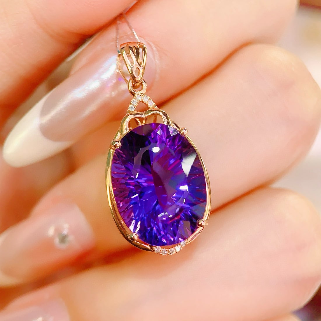 14k Gold 9.78 Ctw Natural Amethyst & Diamond Pendant( Without Chain ) - 2