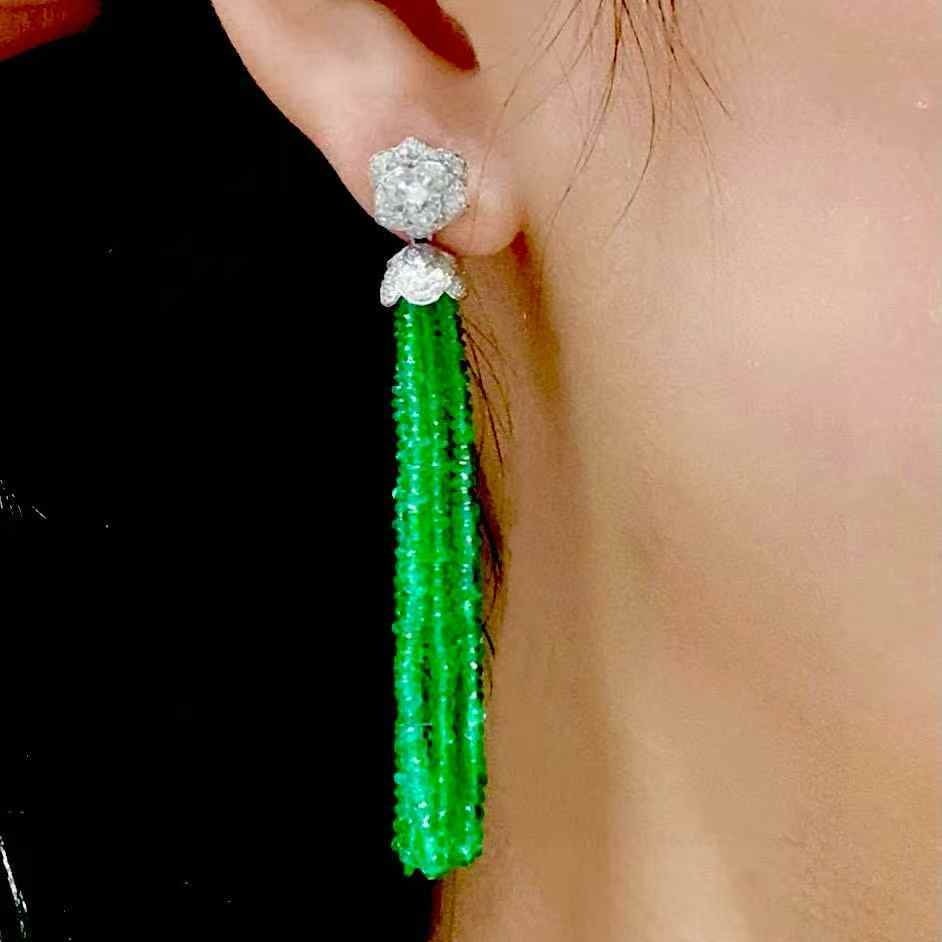 14k Gold 22.8 Ct Natural Emerald & Diamond Earrings - 5
