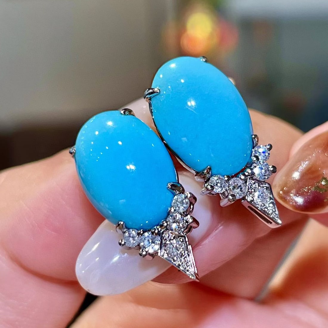 14k Gold 8.97 Ctw Natural Blue Turquoise & Diamond Earrings - 2