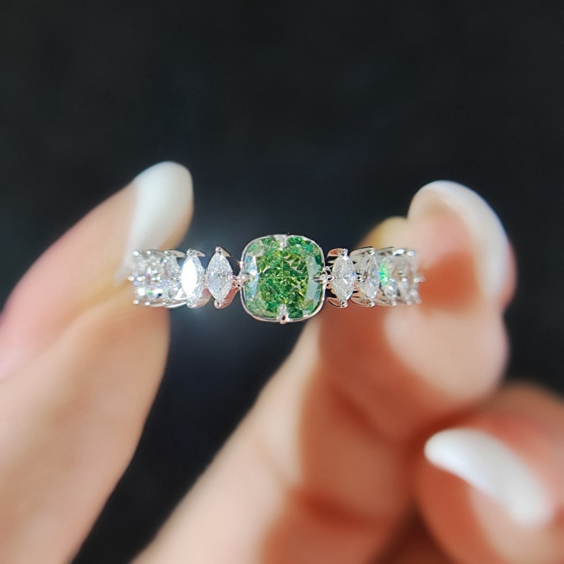 14k Gold 0.90 Ctw Natural Green Diamond & Diamond Ring: Ref:231103158 // gold content:14k gold // ring size:7. 25us // // main gemstone:green diamond // shape:cushion // carat weight:0. 59ct // color:green // treatment:natural // // adjacent gemstone 2 :