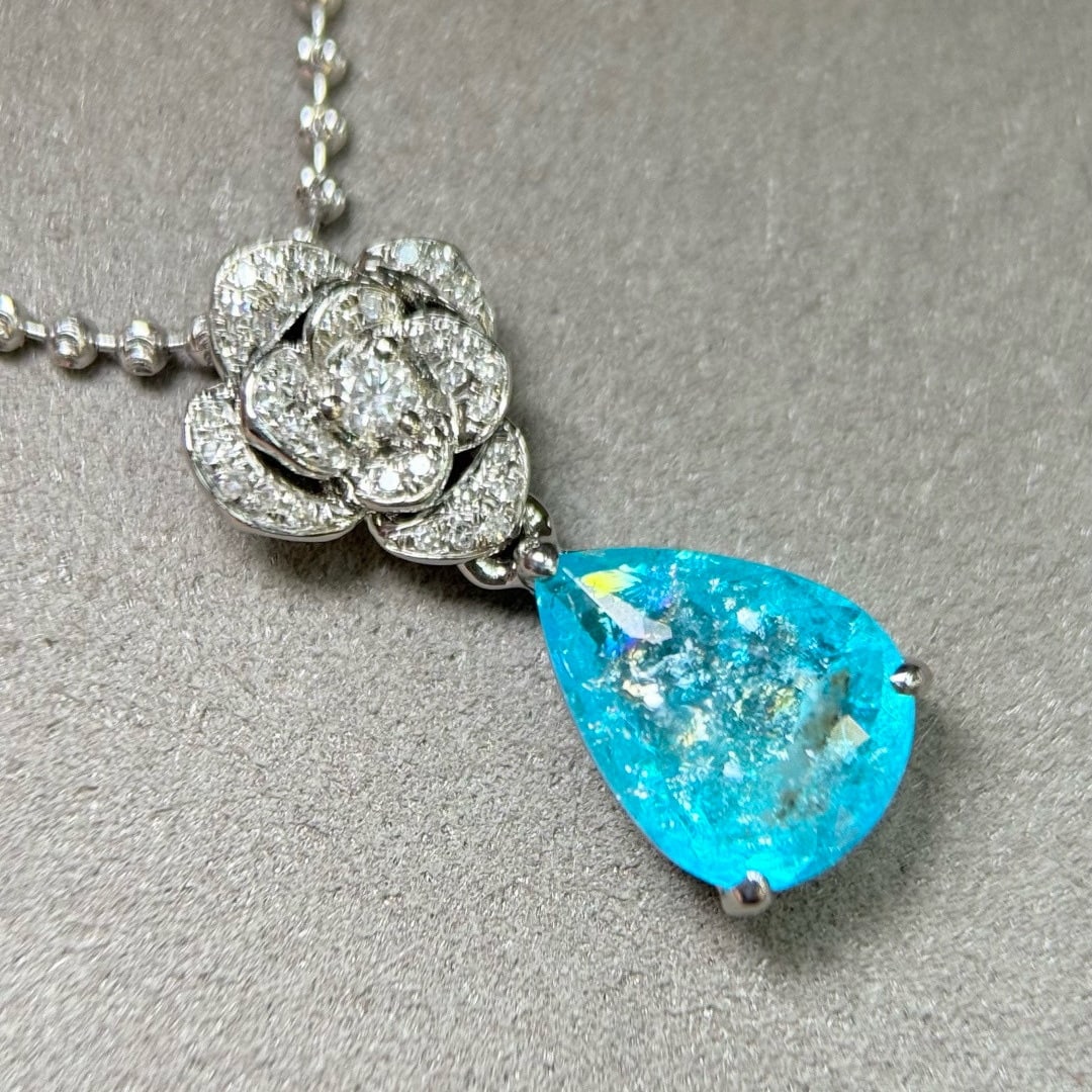 14k Gold 2.30 Ctw Natural Paraiba Tourmaline & Diamond Pendant( Without Chain ) - 2