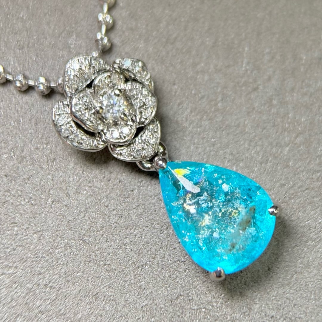 14k Gold 2.30 Ctw Natural Paraiba Tourmaline & Diamond Pendant( Without Chain ) - 3