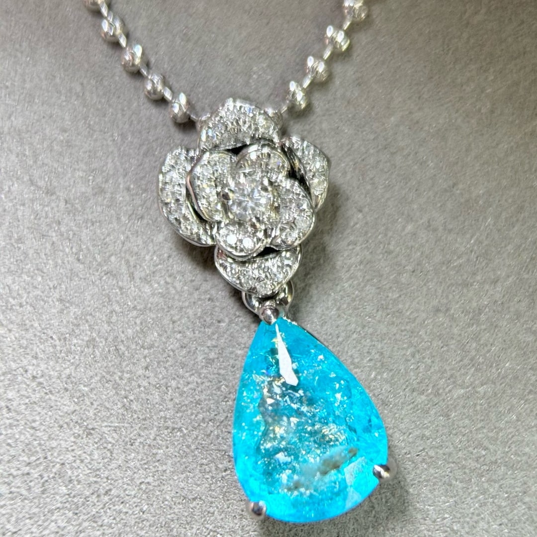 14k Gold 2.30 Ctw Natural Paraiba Tourmaline & Diamond Pendant( Without Chain ) - 4