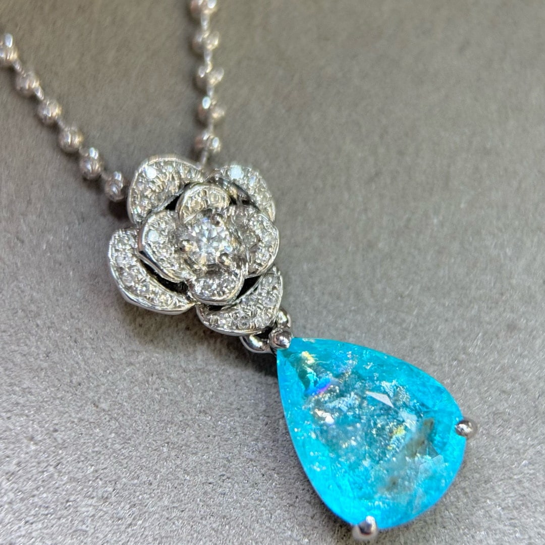 14k Gold 2.30 Ctw Natural Paraiba Tourmaline & Diamond Pendant( Without Chain ) - 5