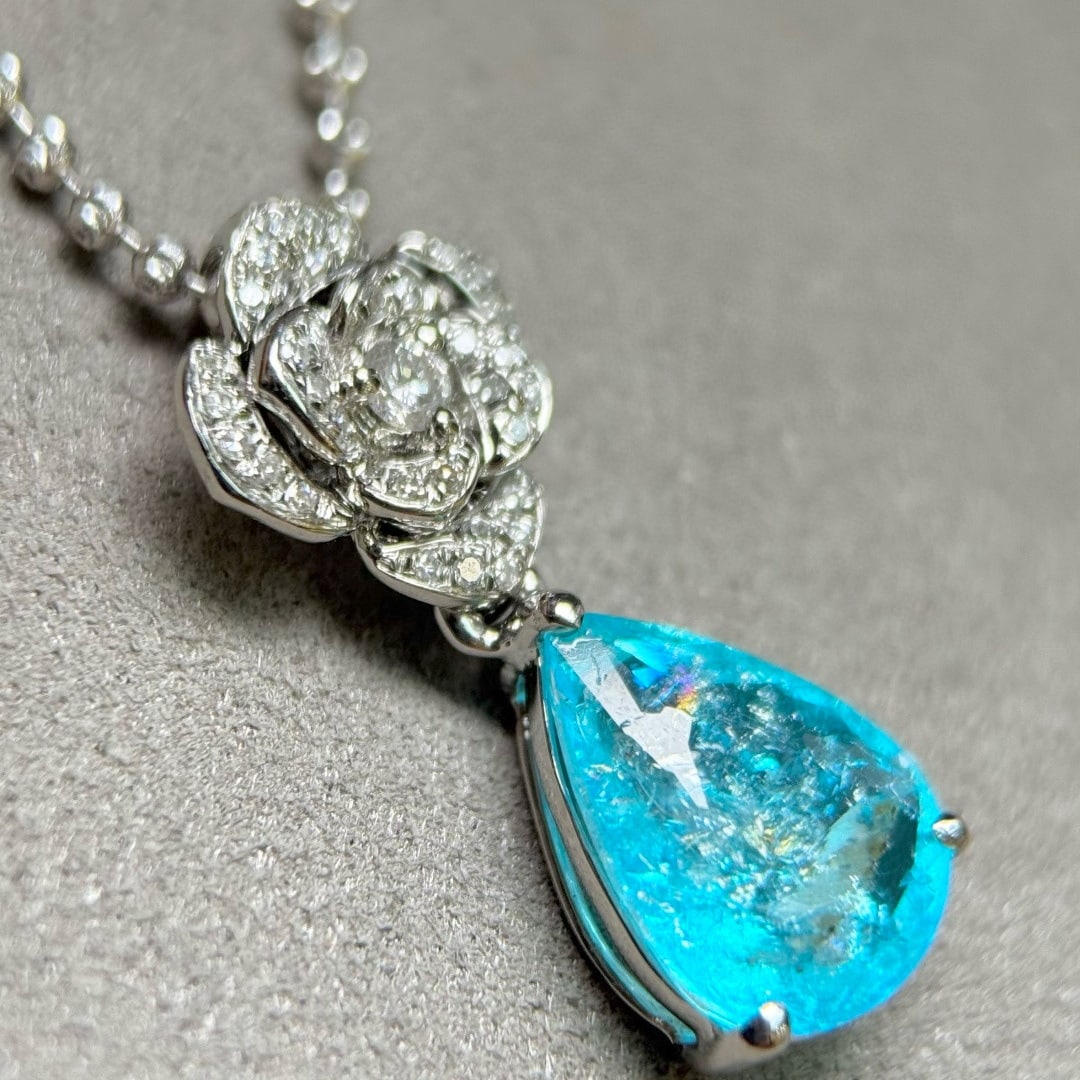 14k Gold 2.30 Ctw Natural Paraiba Tourmaline & Diamond Pendant( Without Chain ) - 6