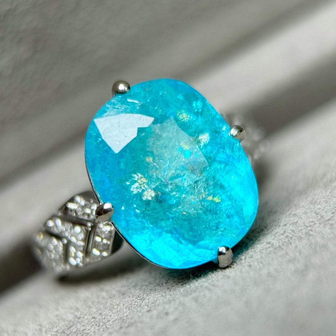 14k Gold 7.89 Ctw Natural Paraiba Tourmaline & Diamond Ring - 5