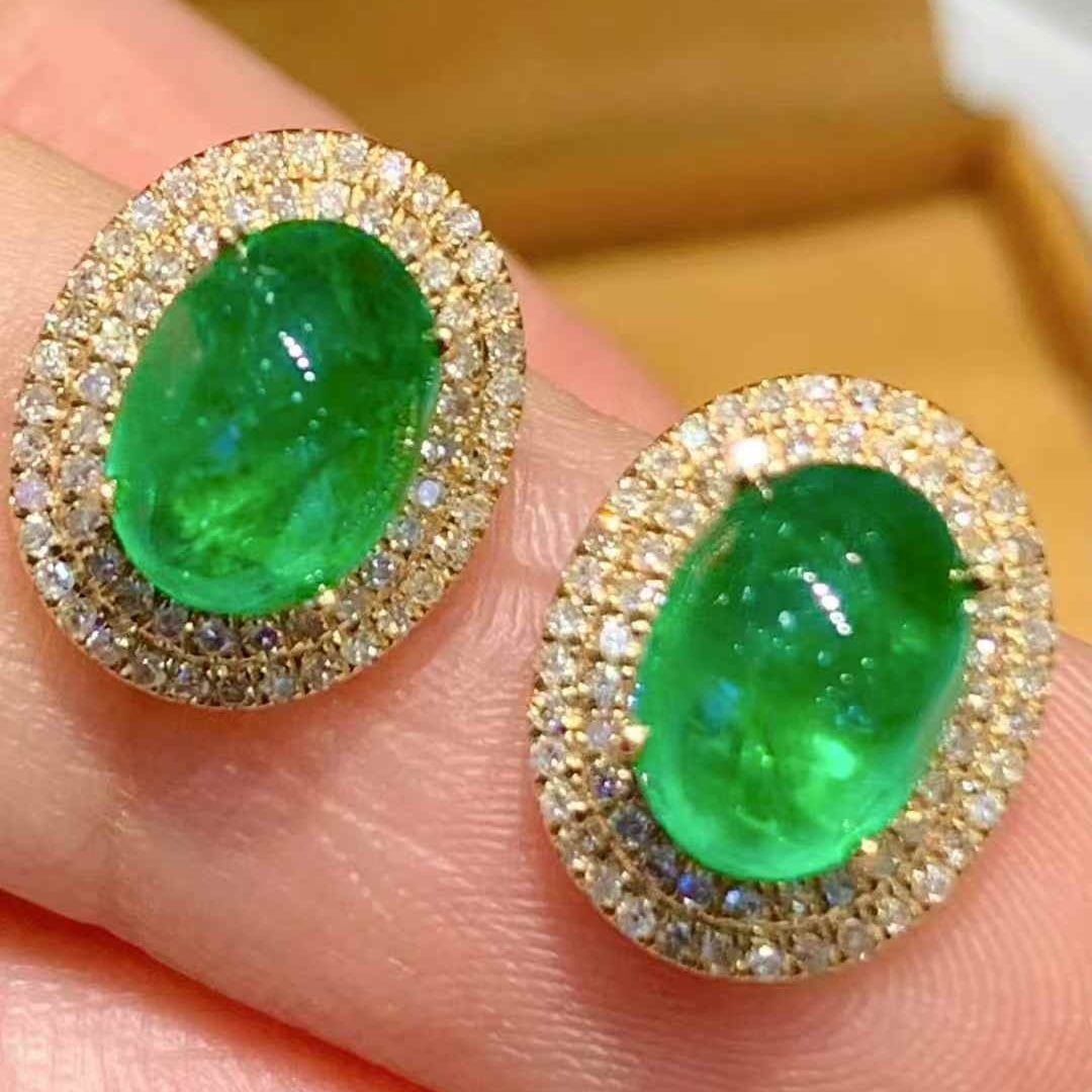 14k Gold 2.8 Ct Vivid Green Natural Emerald & Diamond Earrings - 3