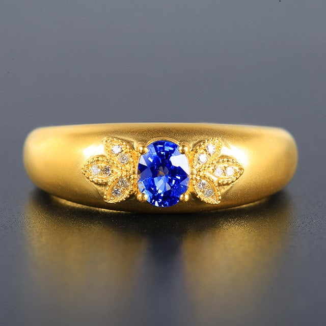 14k Gold 0.53 Ctw Natural Sapphire & Diamond Ring: Ref:231103234 // gold content:14k gold // ring size:7. 25us // // main gemstone:sapphire // shape:oval // carat weight:0. 5ct // color:blue // treatment:natural // // adjacent gemstone 2 : diamond //