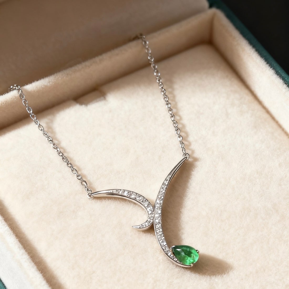 14k Gold 0.48 Ct Natural Emerald & Diamond Necklace: Ref:231104025 // gold content:14k gold // main gemstone:emerald // shape:pear // carat weight:0. 48ct // color:green // treatment:natural // // adjacent gemstone 2 : diamond // shape:round // clarity