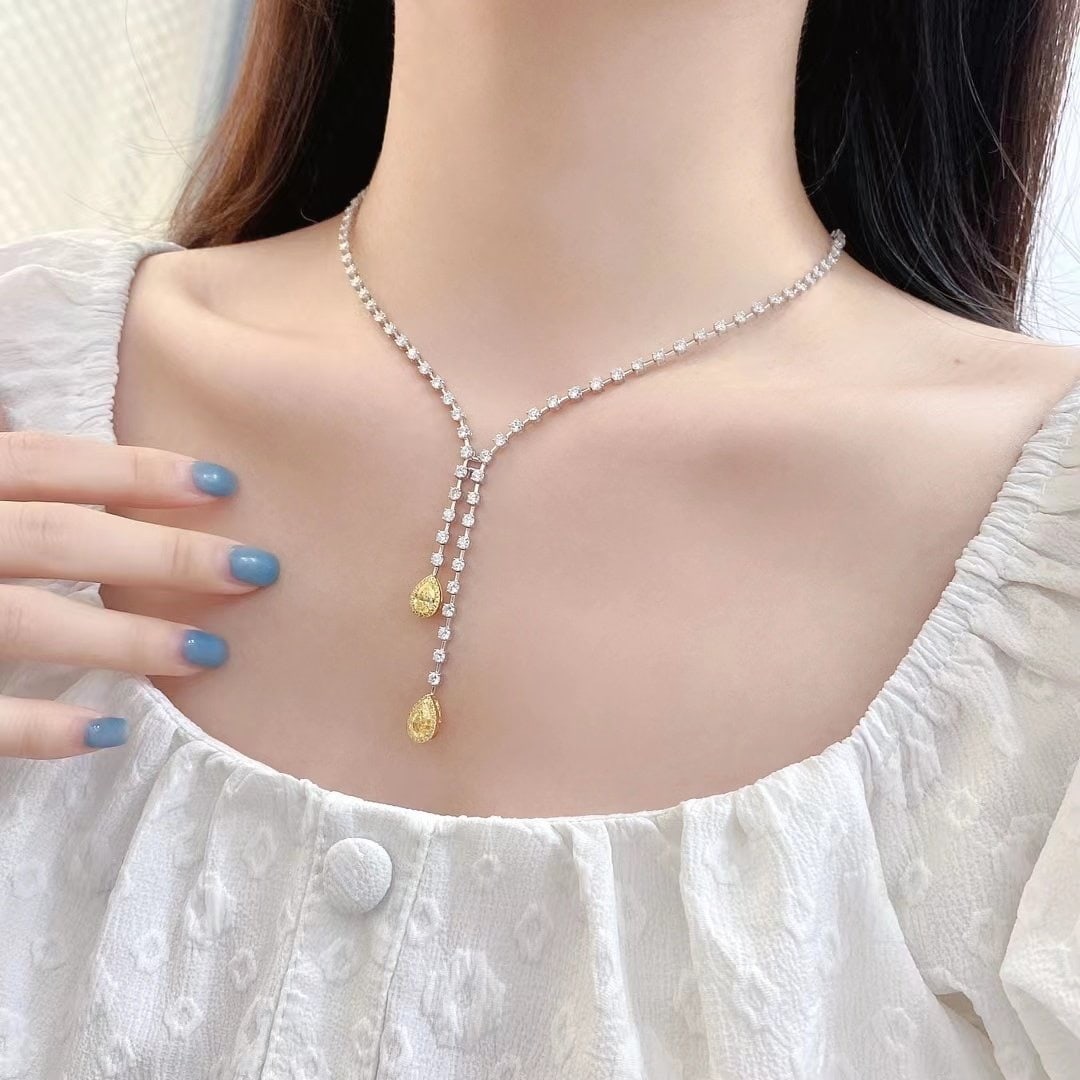 14k Gold 9.66 Ctw Natural Yellow Diamond & Diamond Necklace - 4