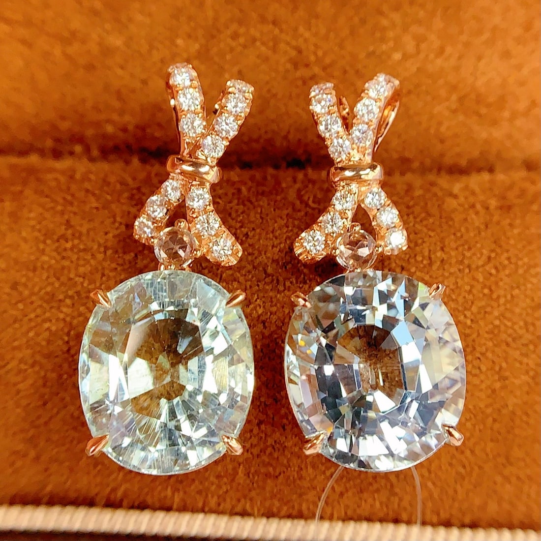 14k Gold 12.1 Ct Natural Aquamarine & Diamond Earrings - 4