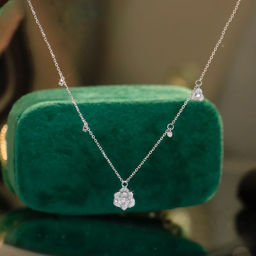 14k Gold 0.25 Ct Natural H Diamond & Flowers Necklace - 3