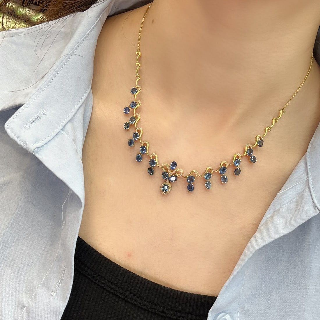14k Gold 11.60 Ct Natural Sapphire & Diamond Necklace - 5