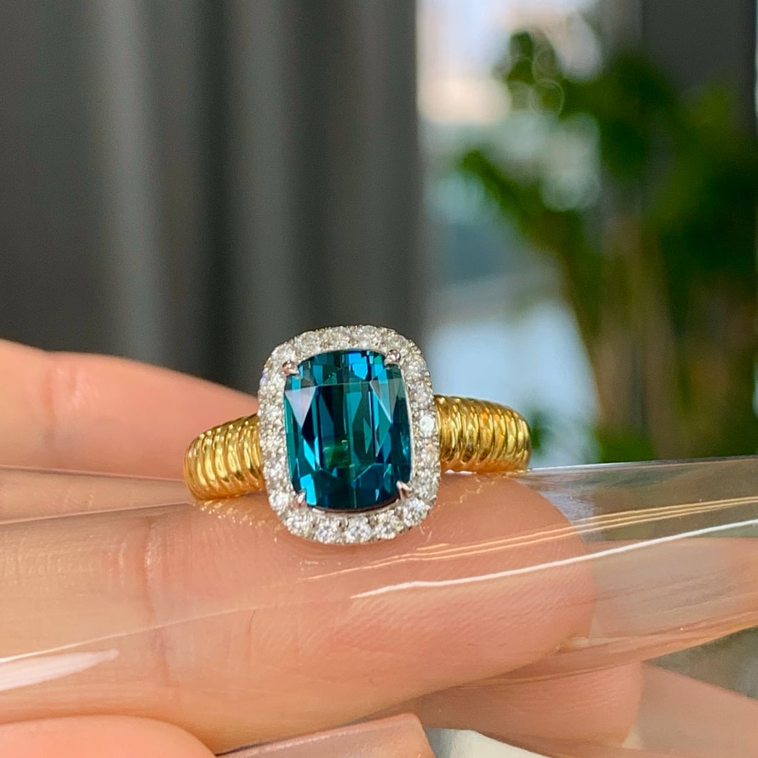 14k Gold 2.61 Ctw Natural Tourmaline & Diamond Ring: Ref:231104165 // gold content:14k gold // ring size:7. 25us // // main gemstone:tourmaline // shape:cushion // carat weight:2. 35ct // color:blue // treatment:natural // // adjacent gemstone 2 :