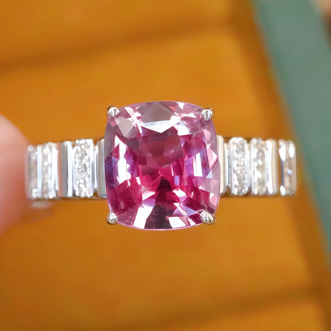14k Gold 2.10 Ctw Natural Padparadscha Sapphire & Diamond Ring: Ref:231104171 // gold content:14k gold // ring size:7. 25us // // main gemstone:padparadscha sapphire // shape:cushion // carat weight:2. 03ct // color:orangish pink // treatment:natural // // adjacen