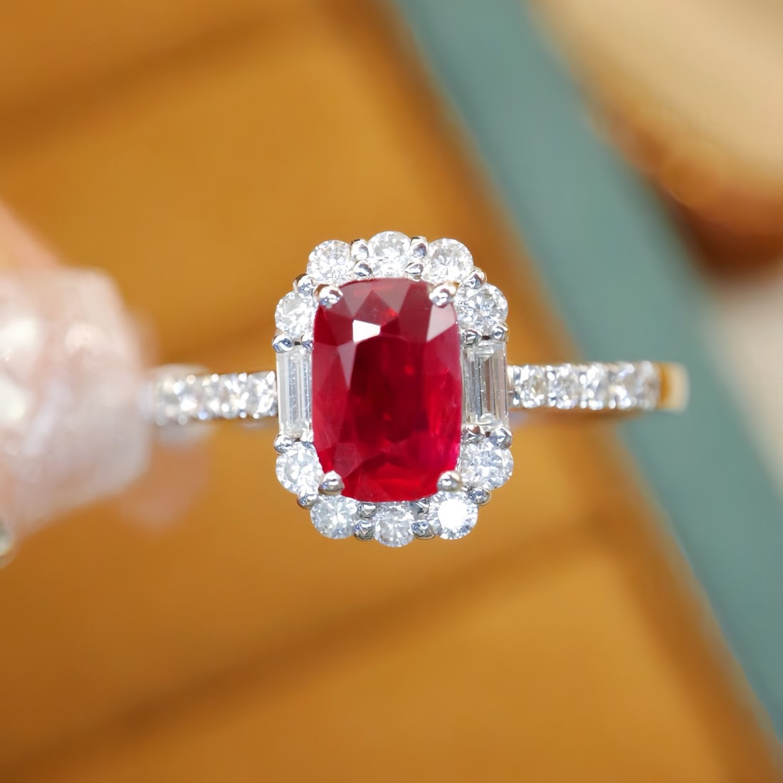 14k Gold 1.33 Ctw Natural Ruby & Diamond Ring: Ref:231104184 // gold content:14k gold // ring size:7. 25us // // main gemstone:ruby // shape:cushion // carat weight:1. 00ct // color:pigeonblood red // treatment:natural // // adjacent gemstone 2 :
